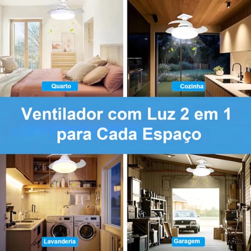 Ventilador de Teto com Controle Remoto Pás Retráteis E27 LED 18W 3 Cores 4 Velocidades Motor Brushless 85-265V