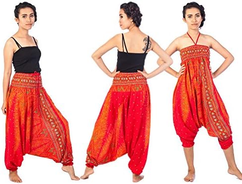 SEEKABHA Thai Harem Trousers Boho Hippy Smock Waist Elephant Yoga Pants (Peacock Orange)
