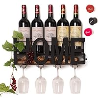 SODUKU Wall Mounted Metal Wine Rack 4 Long Stem Glass Holder & Wine Cork Storage