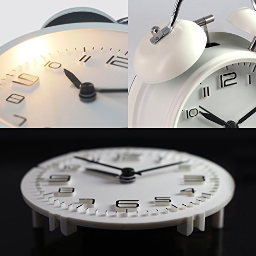 Betus Non-Ticking 4" Twin Bell Alarm Clock - Metal Frame 3D Dial with Backlight Function - Desk Table Clock for Home & Office - Milk White