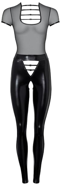 Orion Overall - Schwarzer Catsuit Overall für Frauen, Ouvert Reizwäsche mit Wetlook und Transparentem Netz