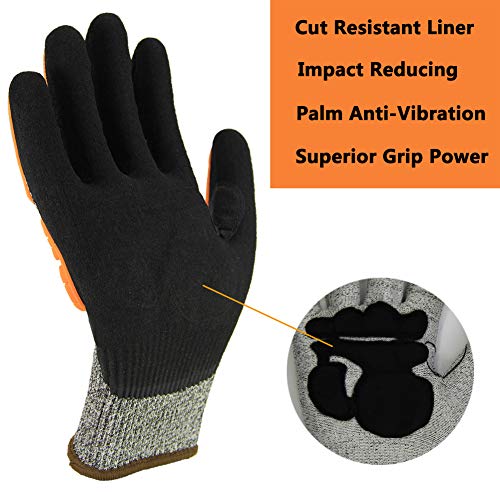 Impact Reducing Safety Gloves, Anti-Vibration Work Gloves, Level 5 Cut Resistant Liner with Grip Coating, Durable Protection for Mechanic Auto Garden Construction Multi-Purpose Use.
