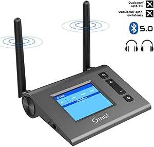 Smof Visual LED Bluetooth 5.0 Transmitter and Receiver,Transmit TV Audio to Wireless Earphone/Speaker,Receive Phone/Pad Music to Stereo/Speaker,Auto-Reconnect,RCA/AUX/Opt, Pair 2 Headsets at Once