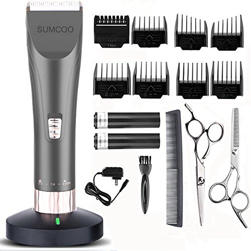 SUMCOO Hair Clippers, Low Noise Cordless Kids Grooming Clippers and Hair Trimmer for Men and Baby with 2 Rechargeable Batteries, Charging Base and 8 Guide Combs (Grey)