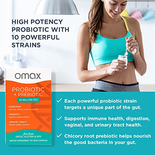 Omax Prebiotic & Probiotic 50 Billion CFU + Chicory Inulin, 10 Strains