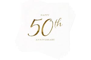 X&O Paper Goods TW4-19878 Happy 50th Anniversary Disposable Paper Cocktail Napkins, 5'' x 5'', Gold Foil, 20pcs