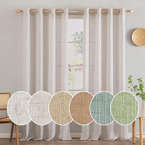 MIULEE Set of 2 Translucent Linen Curtains with Eyelets for Balcony Doors, Living Room, Bedroom - Modern HxL 300 x 140 cm Natural White Linen