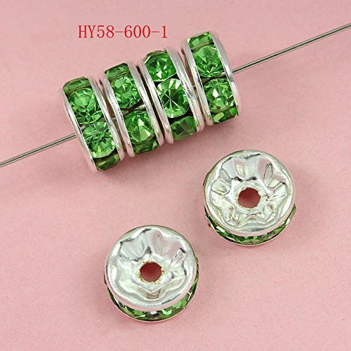HYBEADS 100 Pcs Crystal Rondelle Spacer Bead Silver Plated 6mm (Peridot)