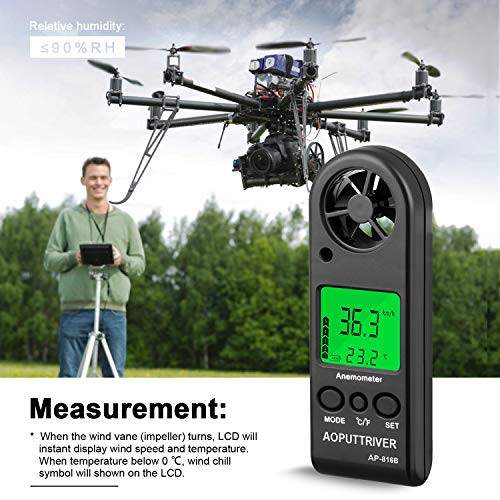 Digital Anemometer Handheld Wind Speed Meter for Measuring Wind Speed, Temperature and Max/Average/Current, High Precision, Measuring for Windsurfing Sailing Fishing Outdoor Activities-AP-816B(Black)