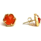 Gempires Carnelian Hexagon Stud Earrings, 14K Gold Plated, Hypoallergenic Minimalist Jewelry, Healing Christmas Gift for Her