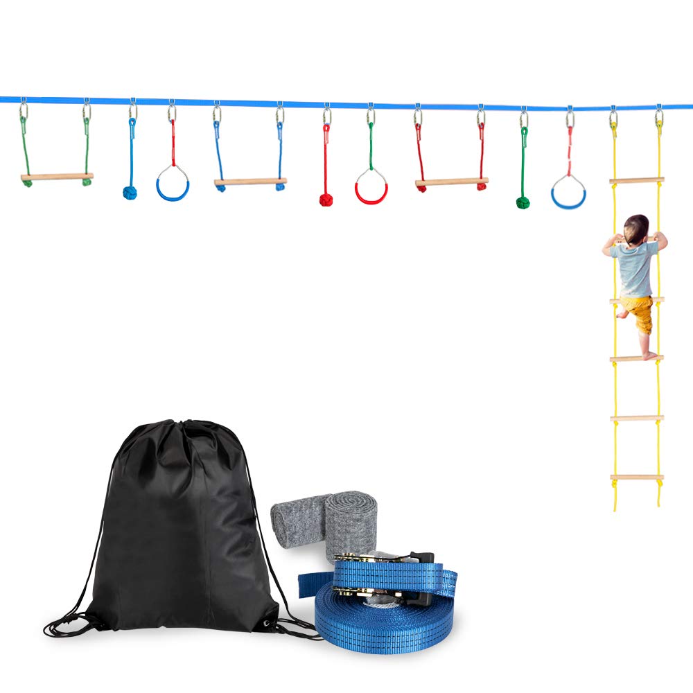 SSLine 59ft Slackline Ninja Obstacle Course Kit for Kids Outdoor Backyard Nanja Line Warrior Training Equipment Swing Hanging Monkey Bar Set with Climbing Ladder - 250lbs Weight Capacity