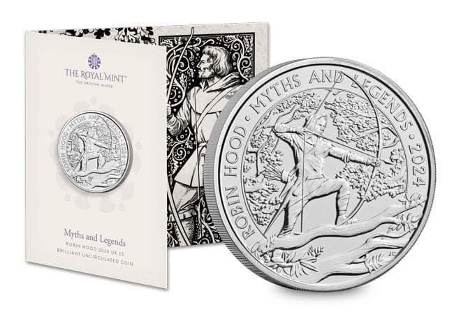 CrawleyCoins 2024 Robin Hood – Myths and Legends £5 Brilliant Uncirculated Coin in Mint Sealed Pack