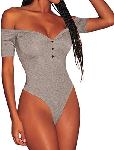 SlowTime Women Off Shoulder Short Sleeve Button Bodycon Stretchy Leotard Bodysuit Jumpsuits