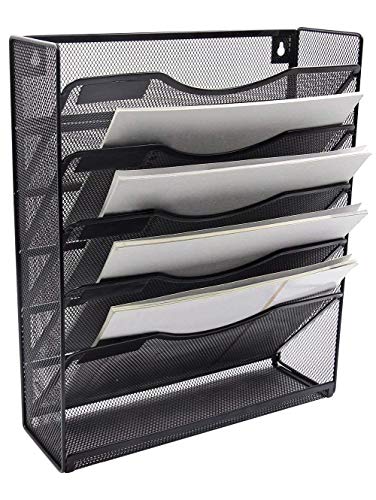 Klickpick Office 5 Sections Hanging Files Wall Mounted Metal Mesh Document File Organizer Magazine Holder Rack Desk Organizer Racks Multipurpose Use To Display File(Black, 5 tray wall racks New style)