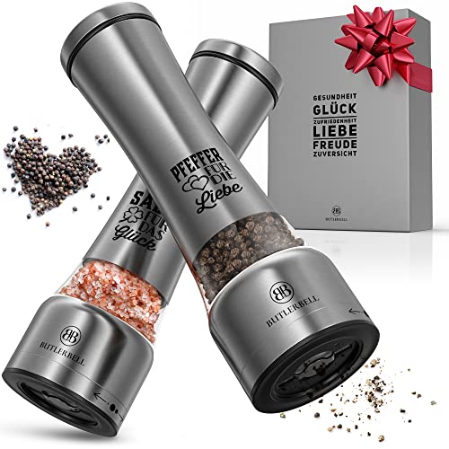 BUTLERBELL® Salz und Pfeffermühle mit Keramikmahlwerk | Gewürzmühlen Set | Hochzeitsgeschenke für Brautpaar thumbnail 1