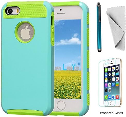 IPhone 5s Case 5g Se KXLY 2 in 1 Hybrid Heavy Duty Protective Cover Hard PC Rugged Soft TPU Dual Layer  With Tempered Glass Screen Protector Stylus [Mint green-green]