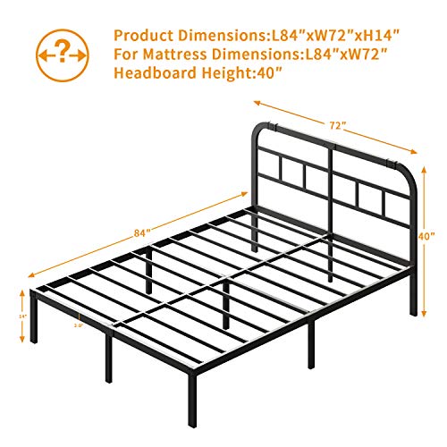 14” Heavy Duty Metal Bed Frame with Headboard, Modern Look and Clean