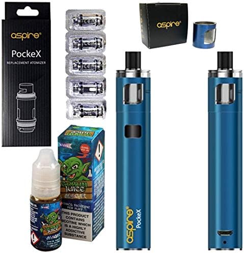 Aspire PockeX Kit + Pack of 5 0.6ohm Coils + Replacement Glass Metal Sleeve Cover Set 2ml E-Cigarette AIO Starter Vape Mod (Blue)