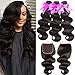 Body Wave Bundles with Closure for Black Women 100% Unprocessed Brazilian Body Wave Human Hair 3 Bundles with 4X4 Lace Closure Free Part Natural Color