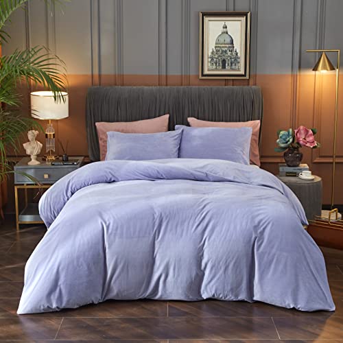 Ivellow Velvet Flannel King Size Purple Comforter Cover Set Ultra Soft Breathable Cozy Velour Duvet Cover Solid Luxury Bedding Set Zipper Closure Corner Ties