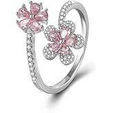 Kokoma Pink Plum Blossom Flower Ring for Women Crystal Cubic Zirconia Floral Ring Adjustable Wrap Finger Rings Dainty Engagement Wedding Jewelry