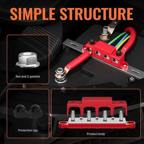Joinfworld Bus Bar 12V 250A Power Distribution Block with 4 x 3/8" Studs 12 Volt Marine Battery Busbar Terminal Block with Cover - Negative&Positive
