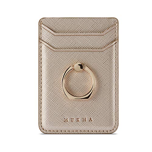 Phone Card Holder with Ring Grip for Back of Phone,Adhesive Stick-on Credit Card Wallet Pocket for iPhone,Android and Smartphones,Gold-2Pcs