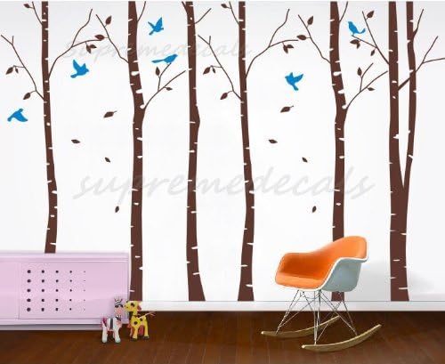 Six Big Birch Trees (Dark Brown) with Flying birds - Beautiful Tree Wall Decals for Kids Rooms Teen Girls Boys Wallpaper Murals Sticker Wall Stickers Nursery Decor Nursery Decals