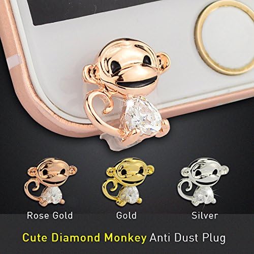 Aimell Cute Monkey Front Anti Dust Plug Bling Diamond headphone Jack Cap For iPhone Samsung All Mobile Device with 3.5mm Earphone Hole 3Pcs (A Set Of 3 Colors)