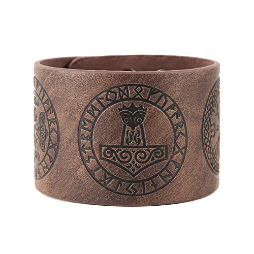 HZMAN Brown Viking Leather Bracelet for Men Punk Wide Cuff Bracelet Hammer of Thor Aegishjalmr Pattern Wristlet 7.5