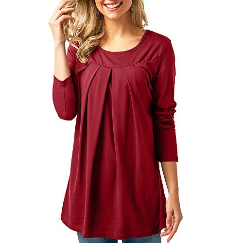 Birdfly Plain Round Neck Long Sleeves Pleated Coat Women Fall Tops Blouse (M, Wine)