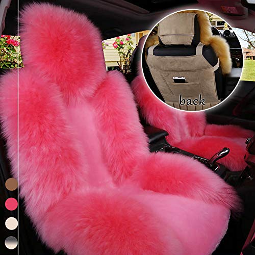 SeaHome Sheepskin Seat Cushion Cover, Genuine Sheepskin Fur Car Front Seat Cover Winter Warm Natural Wool Luxury Long Wool Front Seat Cover Universal Fit (Pink)