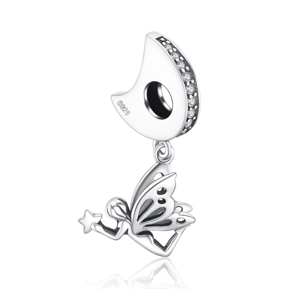 FeatherWish Moon Star Fairy Princess Dangle Bead 925 Sterling Silver With Clear Cubic Zirconia Fits And Compatible With Pandora Bracelets Gift Bag Included (Flying Fairy)