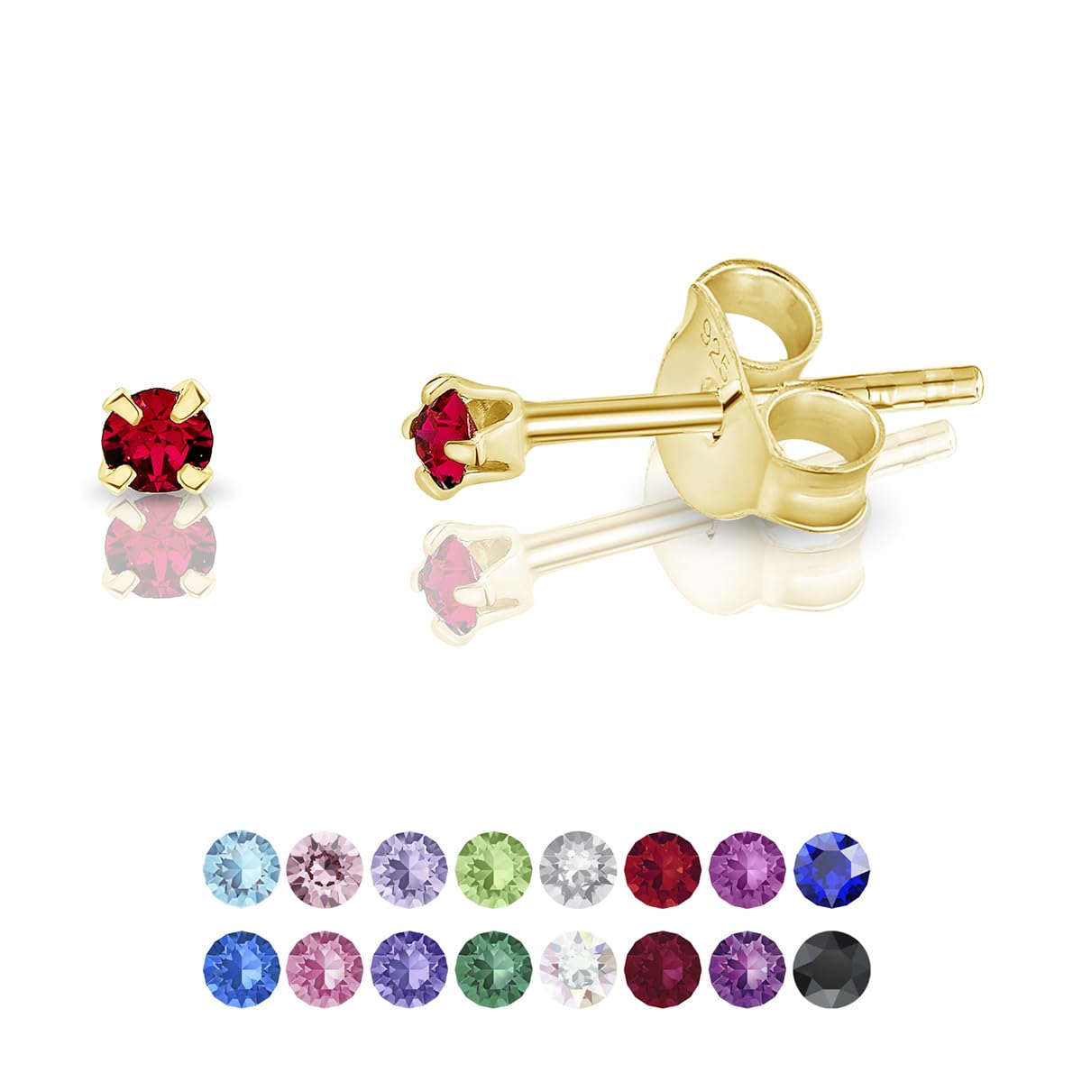 DTPSilver - 925 Sterling Silver Yellow Gold plated Round TINY Stud Earrings made with Glittering Crystals from Swarovski® Elements - Diameter: 2 mm - Colour : Ruby