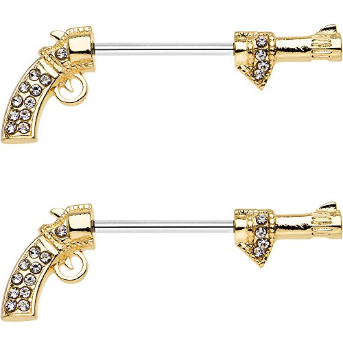 Body Candy Steel Clear Accent Old West Revolver Barbell Nipple Ring Set of 2 14 Gauge 5/8"