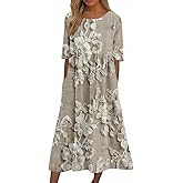Women's Boho Floral Short Sleeve Midi Dresses Summer Casual Flowy Loose Beach Vacation Tshirt Dress with Pockets