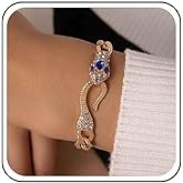 Jugielu Punk Blue Crystal CZ Snake Bracelet Gold Cuban Link Bracelet Shiny Sapphire Rhinestone Serpent Bracelets Animal Cobra Snake Cuban Hand Chain Jewelry for Women