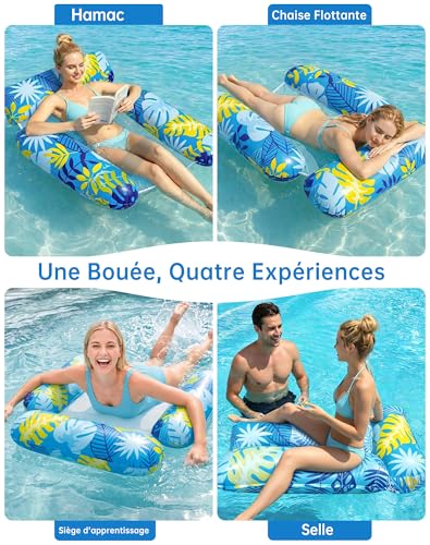 Wincany Bouee Piscine, Matelas Gonflable Piscine Epaisseur 21mm, Bouee Lounge Adulte 4-en-1 Hamac Flottant Filet, Siege d'eau Ergonomique Adulte Accessoire pour Plage Vacances