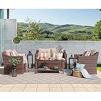 SUNSITT 4-Piece Patio Conversation Set All Weather Woven Brown Wicker Furniture Beige Cushions & Coffee Table w/Aluminum Top