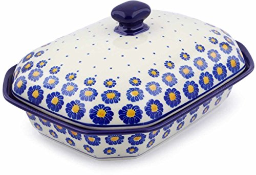 Click Here to See More Images Polish Pottery 10-inch Dish with Cover made by Ceramika Artystyczna (Wreath Of Blue Theme) + Certificate of Authenticity