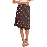 Yousify Womens Polka Dot Midi Skirt Going Out Low Rise Skirts Mesh Ruffle Hem Casual Skirt