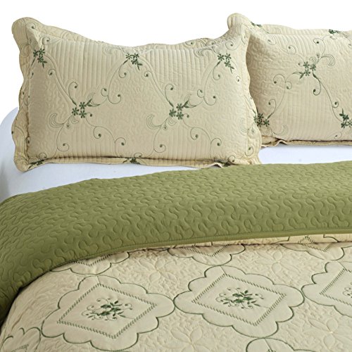 3-Piece Quilt Coverlet Bedding Set Full/Queen(90"x90") Size Bedspread Floral Pattern Exquisite Embroidery Lightweight Hypoallergenic by JessyHome, Olive - Thumbnail 5