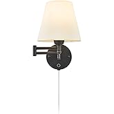 IC INSTANT COACH Swing Arm Wall Lamp Plug in Wall Mount Opaque Ivory Linen Shade 40W 2-Way Cord Covers(1 Light)