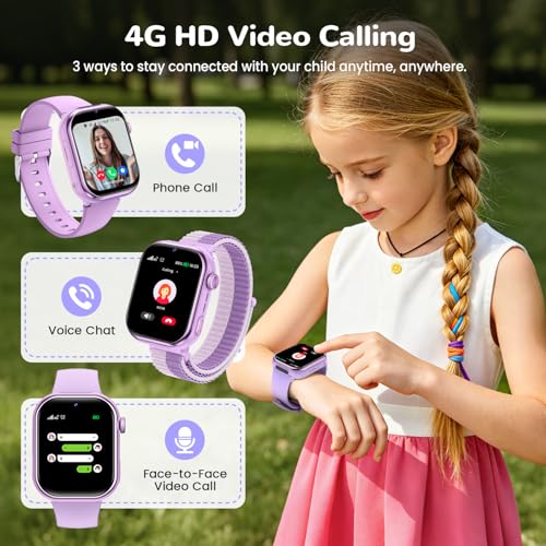 4G Children's Smartwatch GPS Watch with Video Calls, Voice Chat, School Mode, Dual Camera, Alarm, Pedometer, IP68 Calculator Smart Watch for Boys and Girls, Purple