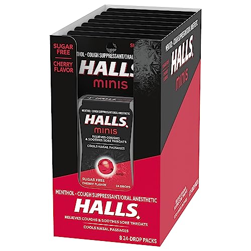 HALLS MINIS CHERRY FLAVOR SUGAR FREE COUGH DROPS, 8 PACKS OF 24 DROPS (192 DROPS TOTAL)