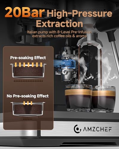 AMZCHEF Bean to Cup Coffee Machines 20 Bar - 20 Grind Settings & 3-Temp Control, Hot/Cold Brew Coffee Machine with Grinder with Color Touchscreen