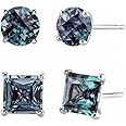 Paris Jewelry® 18k White Gold 2 Pair Created Alexandrite 6mm Round & Princess Cut Stud Earrings Plated