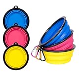 PetBonus 3-Pack Large Silicone Collapsible Dog Bowl (4 Cups,34oz), BPA Free and Dishwasher Safe, Portable Foldable Travel Bowl, Food and Water Bowls for Dogs and Cats - 3-Color Carabiners per Set
