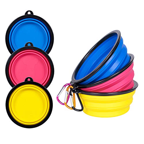 PetBonus 3-Pack Large Silicone Collapsible Dog Bowl (4 Cups,34oz), BPA Free and Dishwasher Safe, Portable Foldable Travel Bowl, Food and Water Bowls for Dogs and Cats - 3-Color Carabiners per Set