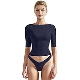 SUUKSESS Women Double Lined Half Sleeve Boat Neck Tops Tight Fitted Shirts